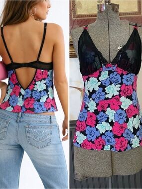 Vntg Betsey Johnson Y2K Sheer Lace Floral Open Back Lingerie Cami Top~ M 💕🎀